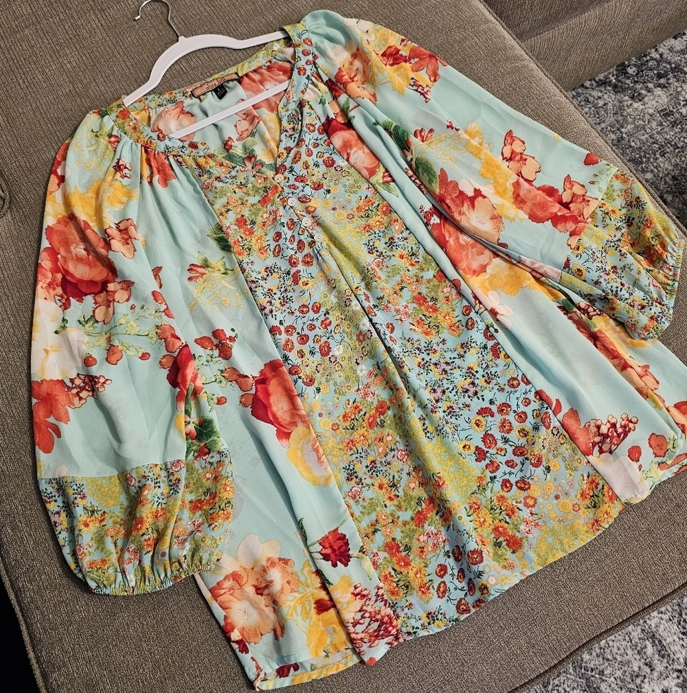 Olive Hill Mint Red Floral Boho Casual Relaxed Fit Multicolor Blouse Size Large - Picture 2 of 7